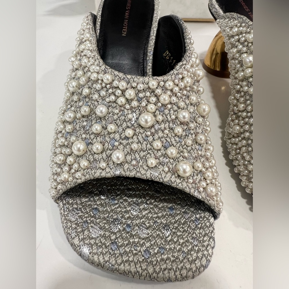 DRIES VAN NOTEN
Pearly Beaded Mule Sandals In Silver - Picture 7 of 8